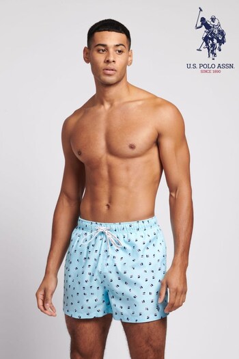 U.S. Malha Polo Assn. Mens Blue Signature Print Swim Shorts (D72523) | £45