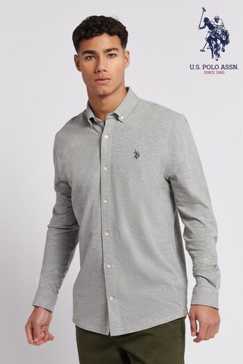 U.S. paskami Polo Assn. Mens Grey Heathered Pique Long Sleeve Shirt (D72536) | £65