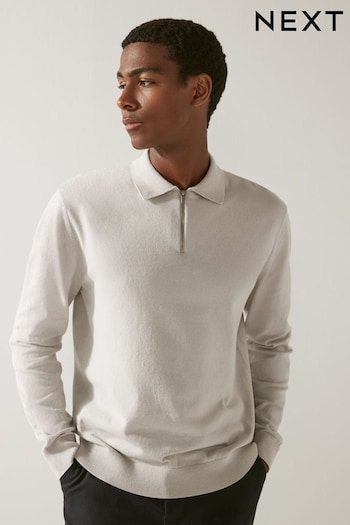 Ice Grey Regular Knitted Zip Polo Shirt (D72641) | £28