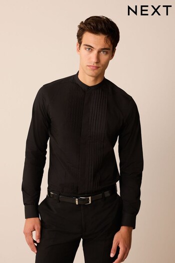 Black Grandad Collar Slim Fit Single Cuff Occasion Pleated Dress Shirt (D72874) | £30