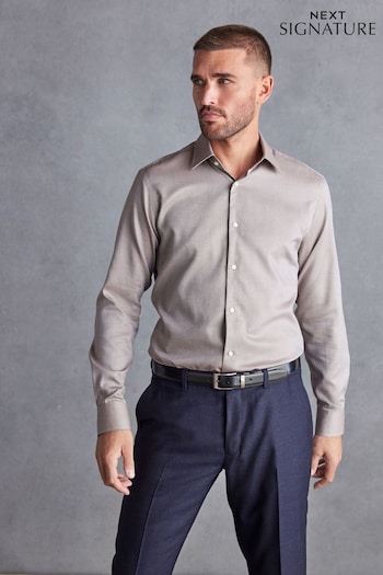 Neutral Brown Slim Fit Signature Textured Single Cuff Shirt With Trim Detail (D72885) | £36