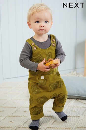 Olive Green Baby Corduroy Lion Print Dungarees Set (0mths-2yrs) (D72889) | £20 - £22
