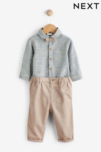 Blue/Brown Long Sleeve Baby Shirt, Trouser And Bow Tie Set (0mths-2yrs) (D72904) | £20 - £22