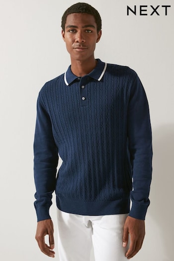 Navy Regular Tipped Cable Long Sleeve Polo Shirt (D72907) | £32