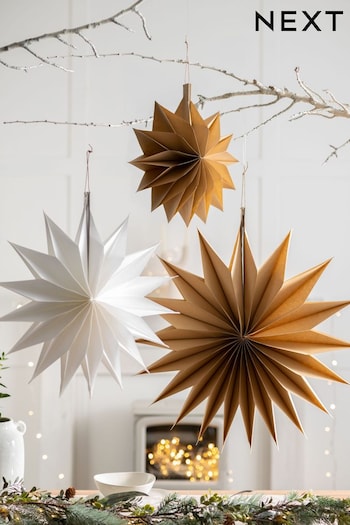 Set of 3 Natural Hanging Paper Star Christmas Decorations (D73302) | £12