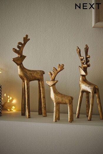 Set of 3 Gold Resin Stag Christmas Decorations (D73323) | £22