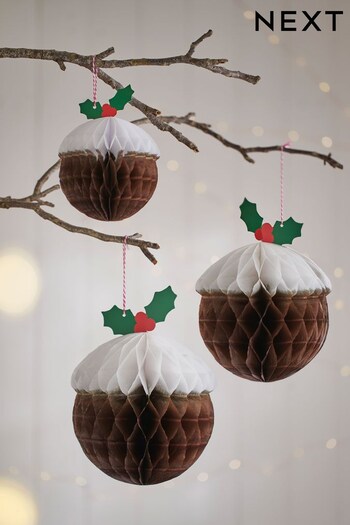 Set of 3 Brown Honeycomb Paper Christmas Pudding Hanging Decorations (D73341) | £8
