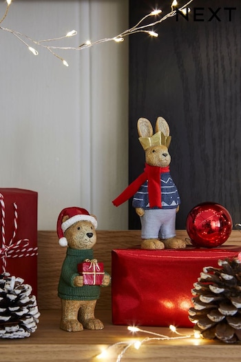 Set of 2 Red Resin Rabbit and Bear Christmas Decorations (D73357) | £12