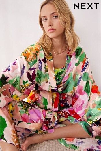 Pink Watercolour Floral Satin Lightweight Dressing Gown (D73504) | £32