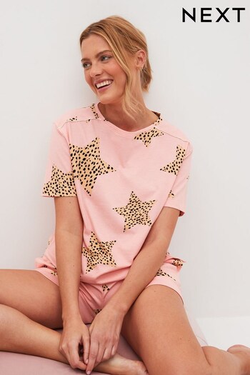 Pink Leopard Star Short Sleeve Cotton Pyjama Set (D73514) | £22