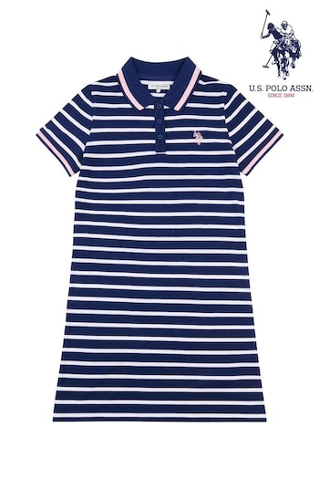 U.S. Grey Polo Assn. Girls Blue Stripe Grey Polo Dress (D73576) | £50 - £60