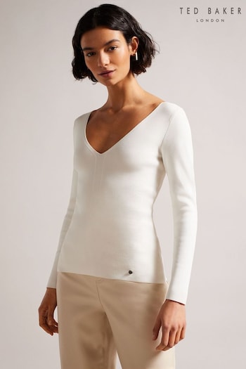 Ted Baker Cream Slim Fit Cileste V-Neck Knit Top (D73633) | £85