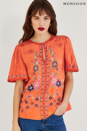 Monsoon Orange Odelia Embroidered Floral Top in Sustainable Viscose (D73866) | £60