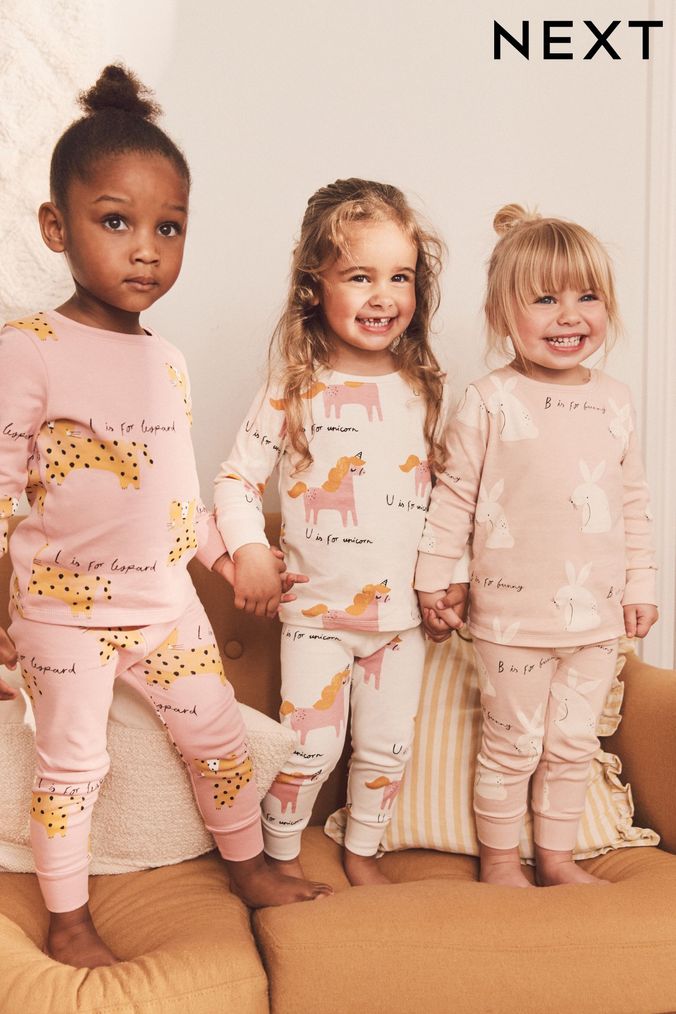 Pink/Ecru Character 3 Pack Long Sleeve Printed Pyjamas (9mths-8yrs) (D73874) | £26 - £32