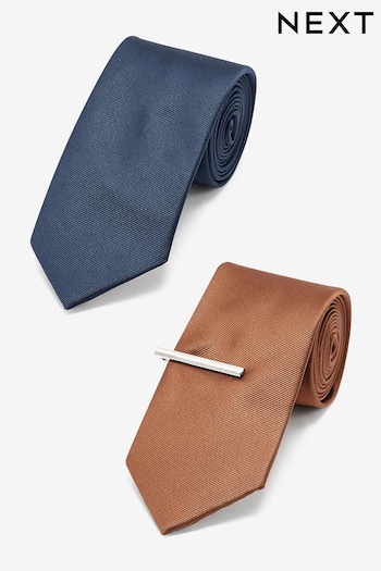 Navy Blue/Tan Brown Twill Ties With Tie Clip 2 Pack (D73965) | £18