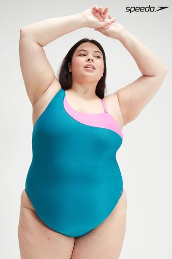 Speedo Womens Green/Purple Solid Asymmetric Plus Size Swimsuit (D74021) | £38