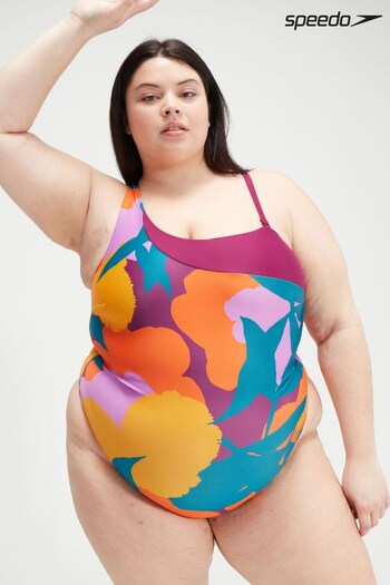 Speedo Womens Green/Orange Printed Asymmetric Plus Size Swimsuit (D74022) | £41