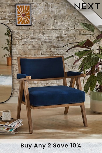 Bronx Frame Soft Velvet Navy Blue Abe Wooden Accent Chair (D74261) | £275