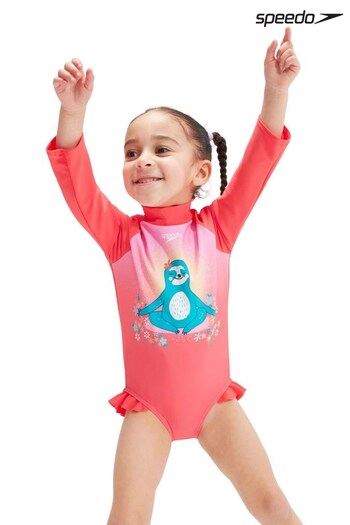 Speedo Girls Pink Digital Long Sleeve Frill Swimsuit (D74389) | £30