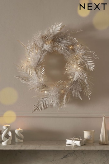 White Pre Lit Frosty Fern Christmas Wreath (D74444) | £35