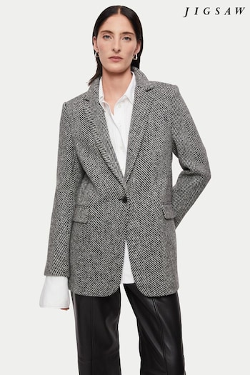 Jigsaw Black Wool Herringbone Langford Coat (D74530) | £285