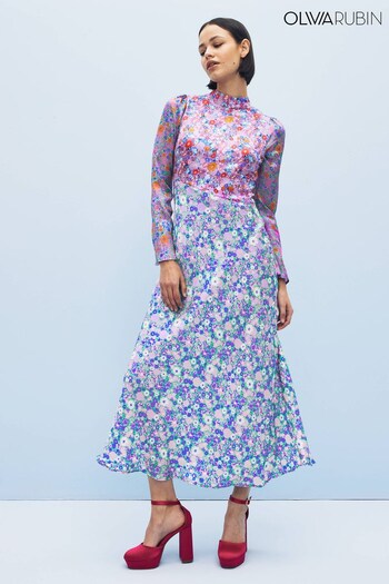 Olivia Rubin Blue Floral Priscilla High Neck Midi Dress (D74543) | £350