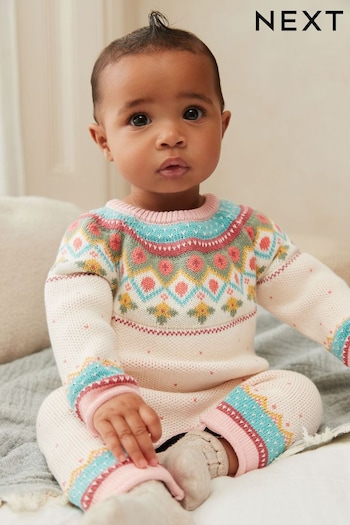 Pink Fairisle Pattern Knit Baby Romper (0mths-2yrs) (D74678) | £20 - £22