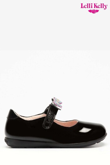 Lelli Kelly Wide Fit Removeable Rainbow Heart Dolly Black Shoes (D74683) | £60