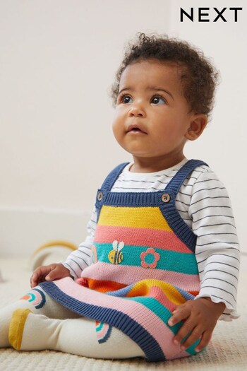 Rainbow Stripe Character CREPE Knitted Dress Bomber and Jersey Bodysuit Set (0mths-2yrs) (D74707) | £26 - £28