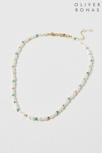 Oliver Bonas Melody Natural Pearl And Aventurine Beaded Collar Necklace (D75039) | £49.50