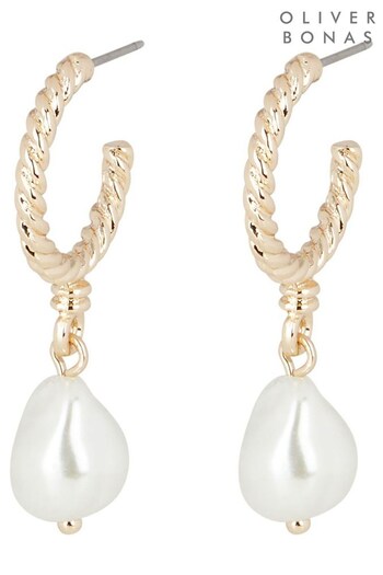 Oliver Bonas Geneva White Textured Hoop And Faux Pearl Drop Earrings (D75053) | £15