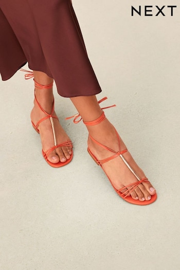 Orange Signature Leather Flat Strappy Sandals with Metallic Wrap Detailing (D75165) | £55