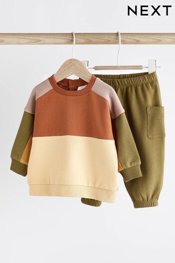 Green/Cream Colourblock Cosy Baby Sweatshirt And Joggers 2 Piece Set (D75208) | £14 - £16