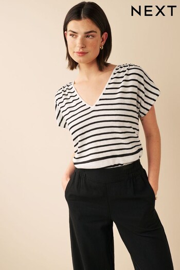 Black/White Stripe V-Neck Linen T-Shirt (D75417) | £26