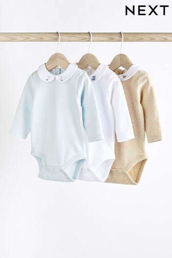 Pale Blue Embroidered Collar Baby Jersey Bodysuits 3 Pack (D75434) | £15 - £17