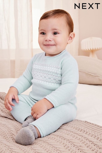 Blue Knitted Baby Jumper And Dino Leggings Set With Knit Detail (0mths-2yrs) (D75541) | £20 - £22