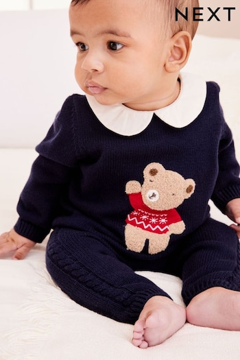 Navy Blue Knitted Baby Jumper And Leggings SKINNY Set With Bear Motif (0mths-2yrs) (D75542) | £22 - £24