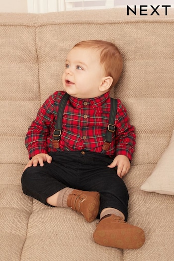 Red 3 Piece Shirt Body, Trousers and Braces Set (0mths-2yrs) (D75591) | £24 - £26