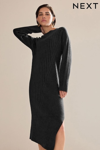 Black Ribbed Asymetric Hem Midi Jumper Dress High-Waisted (D75738) | £38