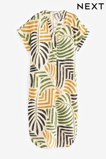 Green/White Palm Print Linen Mix Kaftan Midi Dress (D75759) | £32
