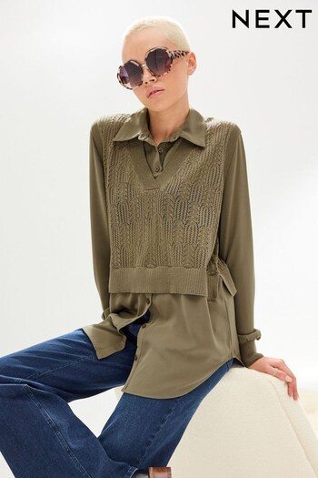 Khaki Green Pointelle Knit Shirt Layer (D75768) | £40