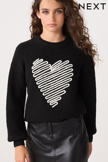 Black and White Stitch Sequin Heart Jumper (D75798) | £35