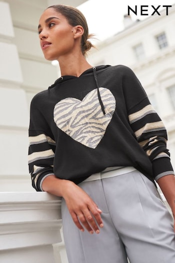 Black and Neutral Animal Print Heart Knitted Hoodie (D75799) | £30