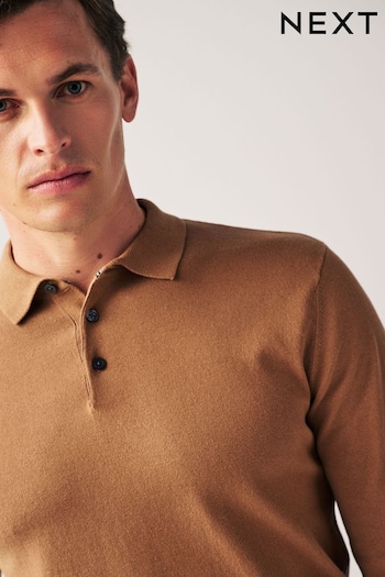 Camel Brown Regular Knitted Long Sleeve Polo Shirt (D75892) | £28