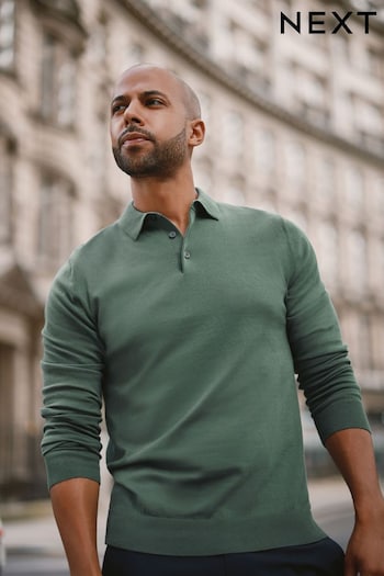 Green Regular Knitted Long Sleeve Polo Shirt (D75893) | £28