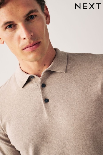 Neutral Regular Knitted Long Sleeve Polo nis Shirt (D75895) | £28