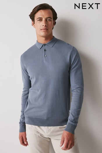 Slate Blue Regular Knitted Long Sleeve Polo Shirt (D75896) | £28