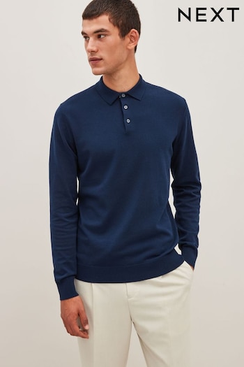 Navy Blue Regular Knitted Long Sleeve Polo Shirt (D75899) | £28