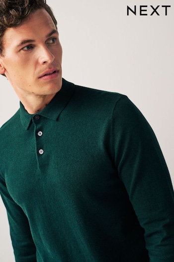 Dark Green Regular Knitted Long Sleeve Polo Shirt (D75900) | £28