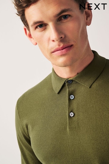 Khaki Green Regular Knitted Long Sleeve Polo Shirt (D75901) | £28